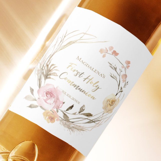 Étiquette Pour Bouteilles De Vin fleurs roses beiges Première communion sainte (Créateur téléchargé)