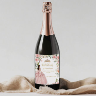Étiquette Pour Bouteilles De Vin Fleurs Roses Blush Rose Quinceañera 15e anniversai