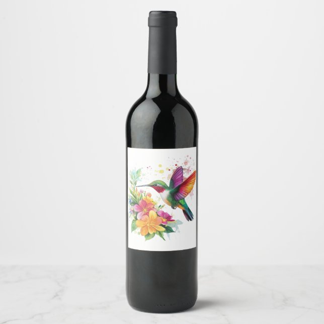 Étiquette Pour Bouteilles De Vin Fleurs tropicales des colibris (Devant)