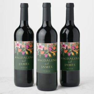 Étiquette Pour Bouteilles De Vin Fleurs tropicales roses et oranges colorées sur ve