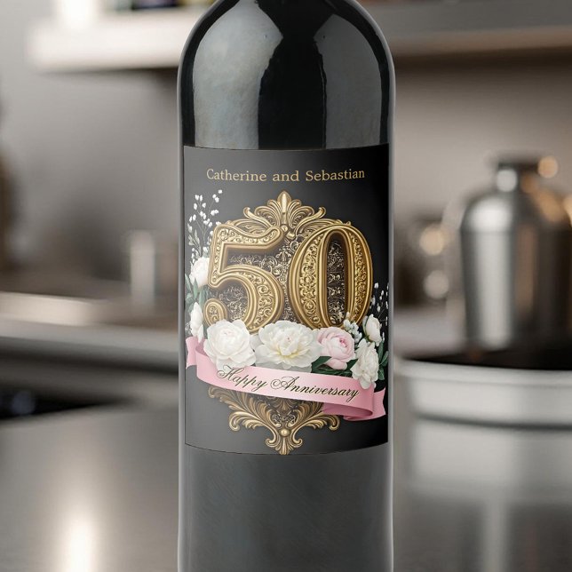Étiquette Pour Bouteilles De Vin Floral Golden Number 50th Mariage Anniversary (Créateur téléchargé)