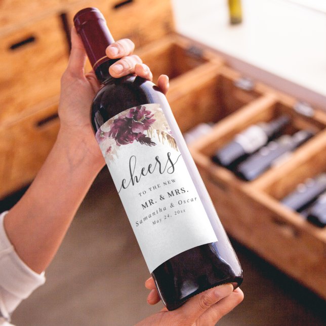 Étiquette Pour Bouteilles De Vin Floral rose rose de Bourgogne moderne (Créateur téléchargé)