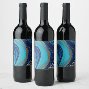 Étiquette Pour Bouteilles De Vin Flux Abstrait moderne Art- Bleu et Or-