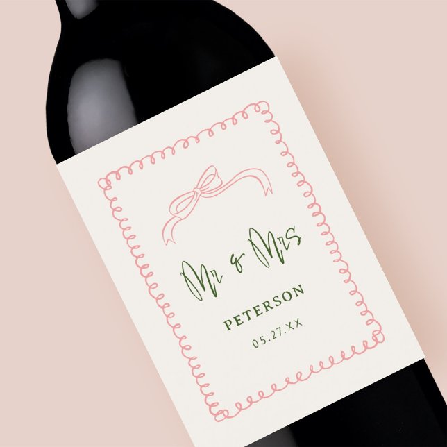 Étiquette Pour Bouteilles De Vin Français rose et vert M & Mme Mariage Monogram (Créateur téléchargé)