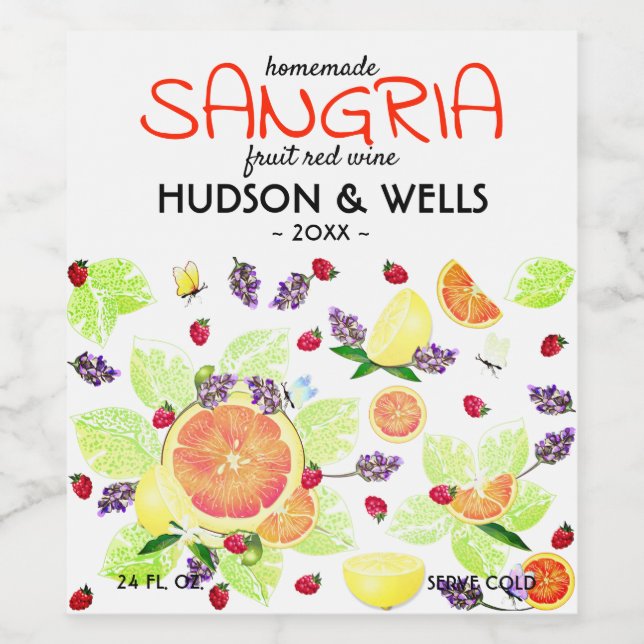 Étiquette Pour Bouteilles De Vin Fruit Citrus Pamplemousse Citron Sangria Mariage (Étiquettes simples)