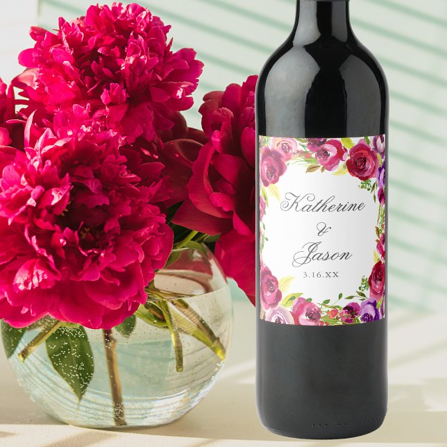 Étiquette Pour Bouteilles De Vin Fuchsia Rose Floral Chic Mariage personnalisé (Créateur téléchargé)