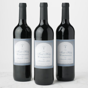 Étiquette Pour Bouteilles De Vin Garçon Première Communion Dusty Bleu Faux Arc Arge