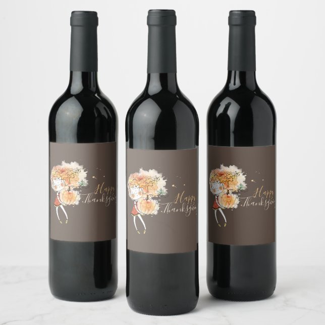 Étiquette Pour Bouteilles De Vin Ginger Girl avec Citrouille Thanksgiving (Bouteilles)