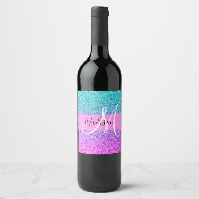 Étiquette Pour Bouteilles De Vin Glam Purple Aqua Parties scintillant étincelante M (Devant)