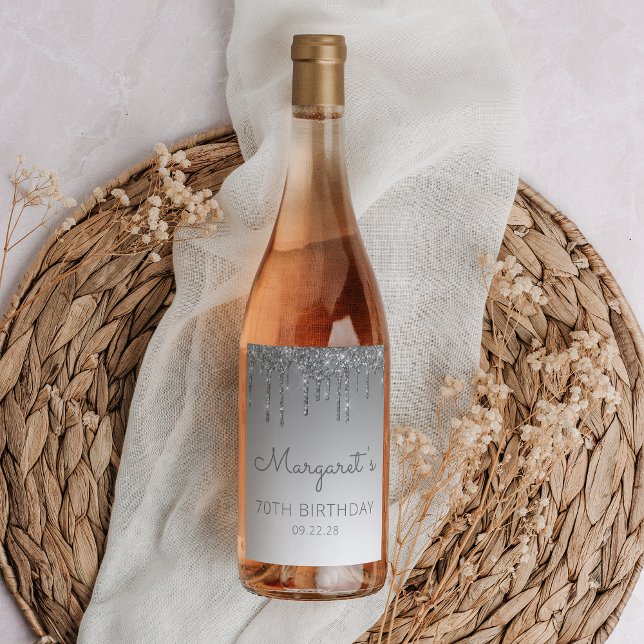 Étiquette Pour Bouteilles De Vin Glam Silver Parties scintillant Drip 70th Birthday (Créateur téléchargé)