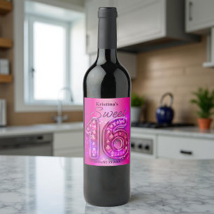 Étiquette Pour Bouteilles De Vin Glamour étincelant rose chaud Gemstone Sweet 16