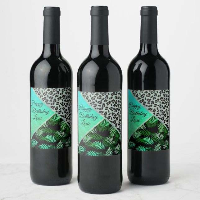 Étiquette Pour Bouteilles De Vin Glitterie Turquoise léopard tropicale Anniversaire (Bouteilles)