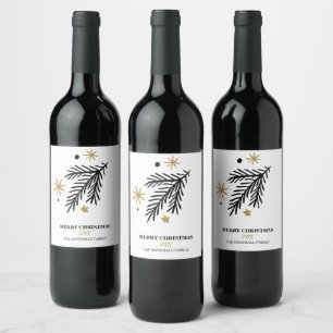 Étiquette Pour Bouteilles De Vin Gold Black branche de pin doodé Noël