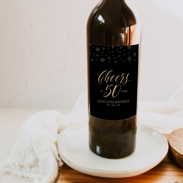 Étiquette Pour Bouteilles De Vin Gold & Black Cheers 50e fête d'anniversaire (Créateur téléchargé)