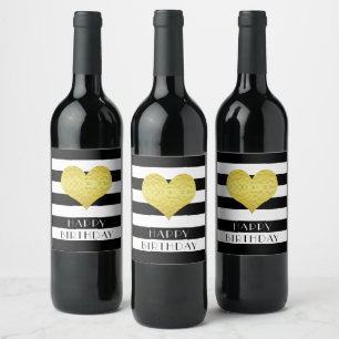 Étiquette Pour Bouteilles De Vin Gold Heart Black White Stripe Joyeux anniversaire