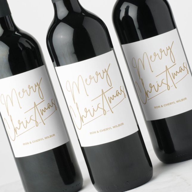 Étiquette Pour Bouteilles De Vin Gold Joyeux Noël Vert Blanc (Gold Merry Christmas White Wine Bottle Labels)