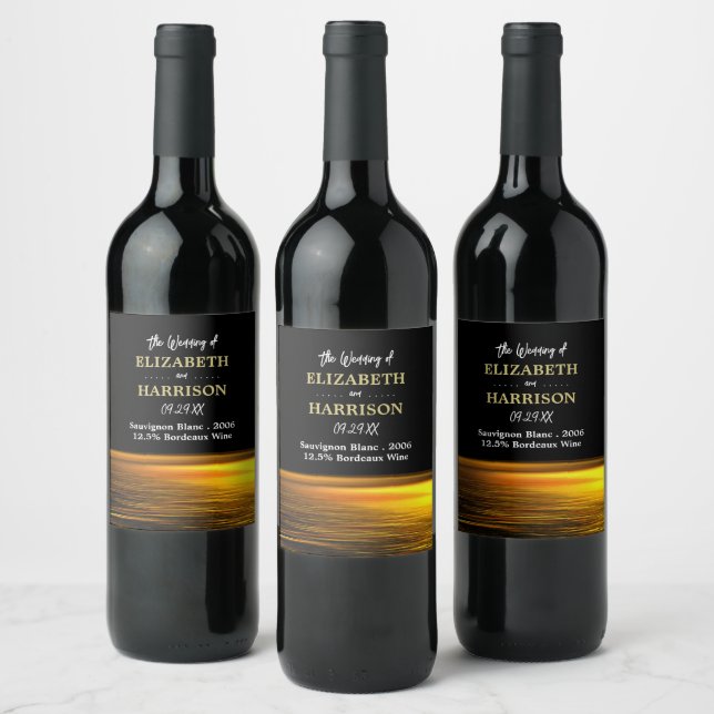 Étiquette Pour Bouteilles De Vin Golden Ocean, Elégant Mariage plage (Bouteilles)