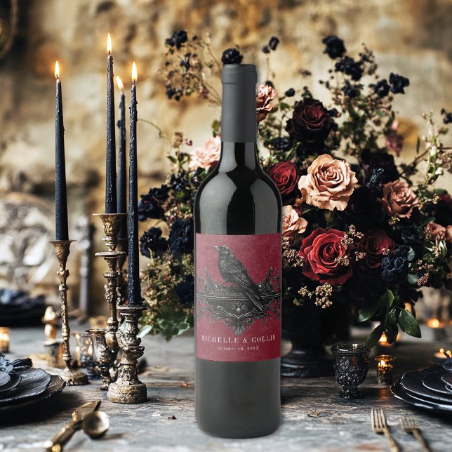 Étiquette Pour Bouteilles De Vin Gothic Black Raven & Black Roses Wine Wedding (Créateur téléchargé)