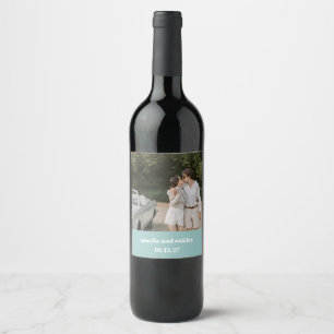 Étiquette Pour Bouteilles De Vin Gras Aqua Blue Retro photo de mariage personnalisé