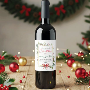 Étiquette Pour Bouteilles De Vin Guirlande de Noël Bow rouge aquarelle Nouvel An