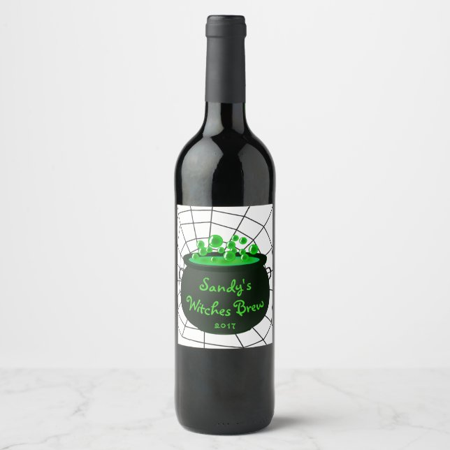 Étiquette Pour Bouteilles De Vin Halloween Caldron sorcières brasser Cobweb Étiquet (Devant)
