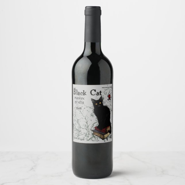 Étiquette Pour Bouteilles De Vin Halloween Poison Chat Noir (Devant)