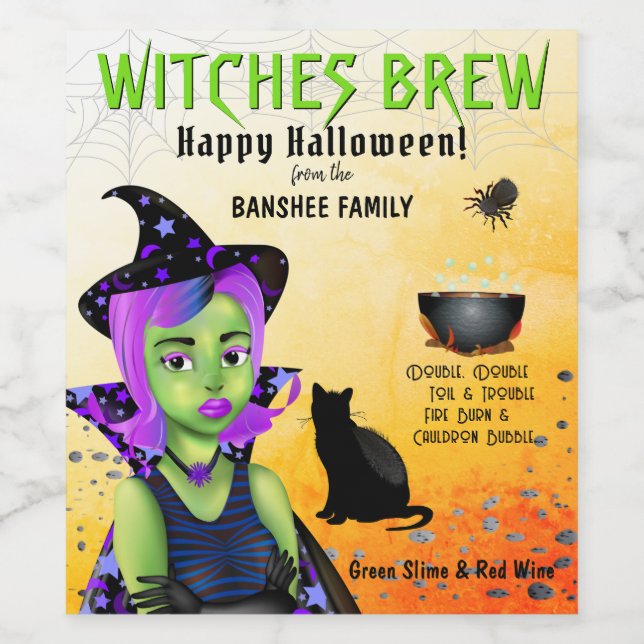 Étiquette Pour Bouteilles De Vin Halloween sorcière (Étiquettes simples)