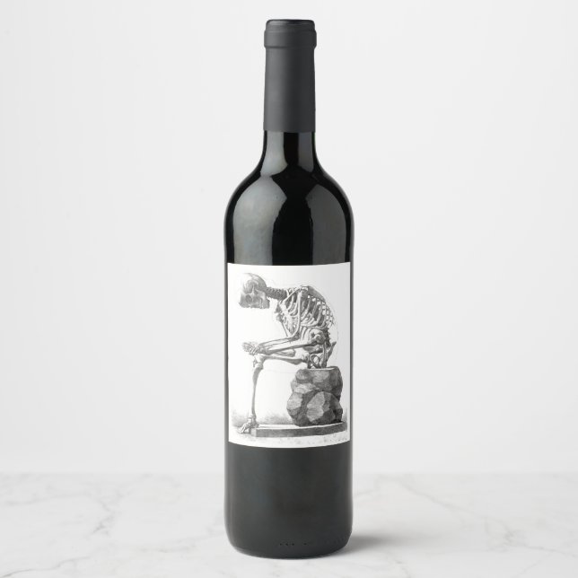 Étiquette Pour Bouteilles De Vin Halloween squelette assis anatomie (Devant)