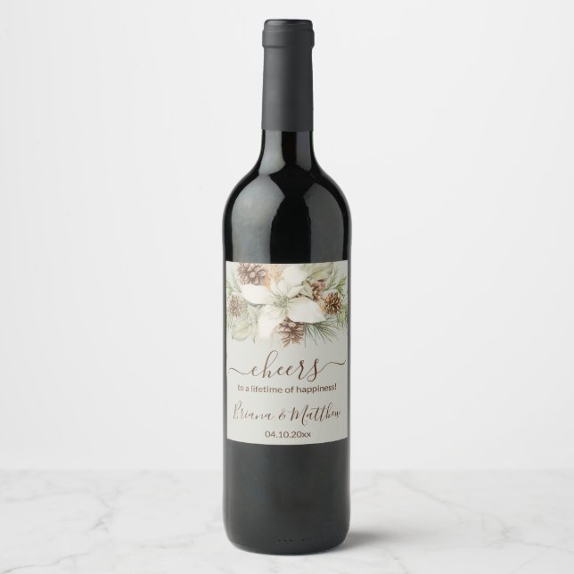 Étiquette Pour Bouteilles De Vin Hiver Beige Elegant Mariage Script (Devant)