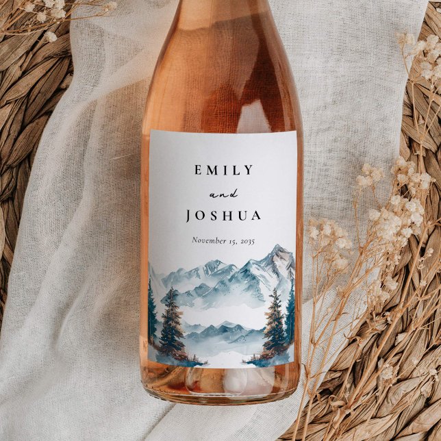 Étiquette Pour Bouteilles De Vin Hiver Montagnes Pine Tree Mariage (Créateur téléchargé)
