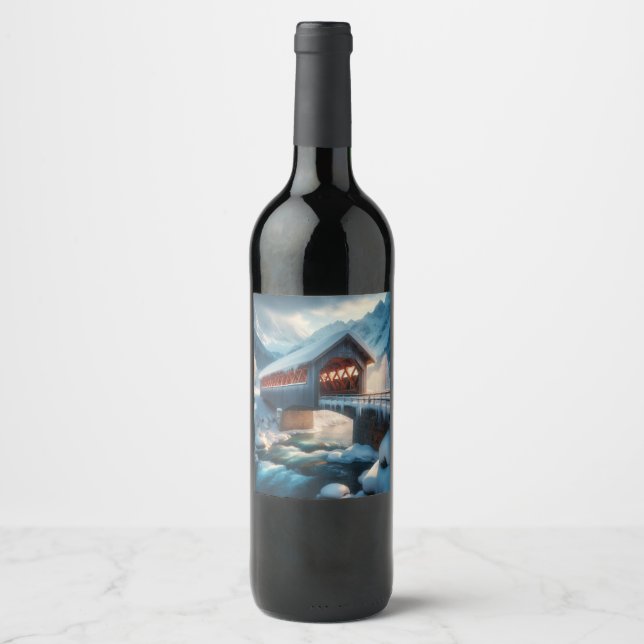 Étiquette Pour Bouteilles De Vin Hiver, pont enneigé et rivière (Devant)