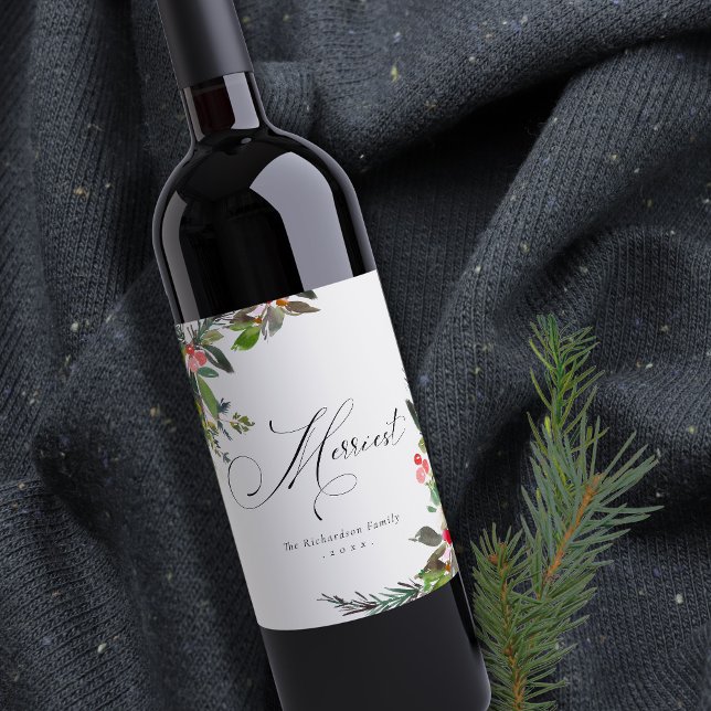Étiquette Pour Bouteilles De Vin Holly Berry Pine Red Green Merriest Christmas (Créateur téléchargé)