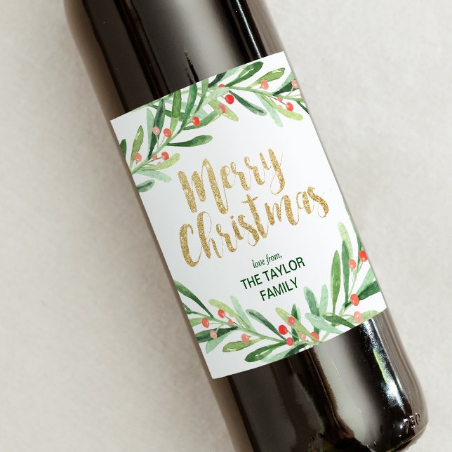 Étiquette Pour Bouteilles De Vin Holly Wreath Joyeux Noël (Créateur téléchargé)