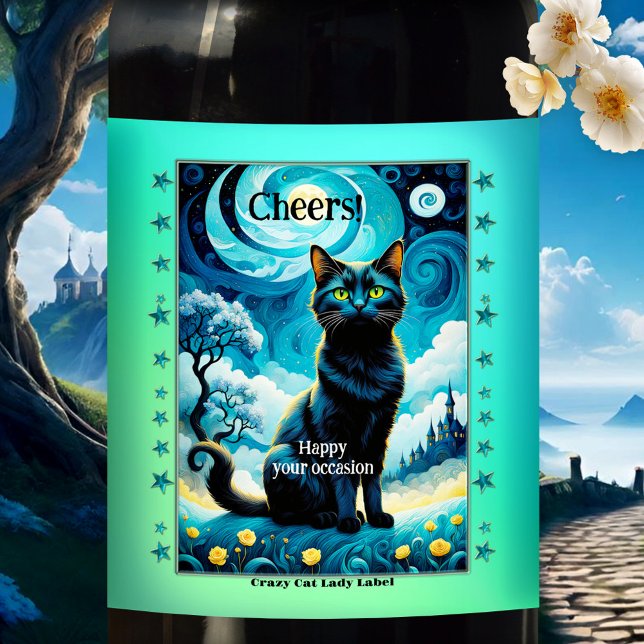 Étiquette Pour Bouteilles De Vin Impressionnisme Mystère Crazy Cat Lady (Whimsical wine label featuring a van Gogh inspired black cat on a starry night - birthday)