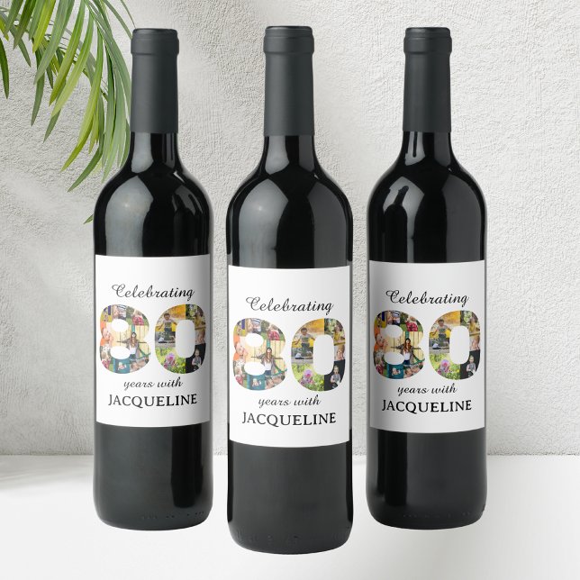 Étiquette Pour Bouteilles De Vin Invitation Modèle photo du 80e anniversaire (Personalized 80th birthday wine labels with family photographs collage template.)