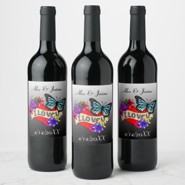 Étiquette Pour Bouteilles De Vin Je T'Aime | Coeurs, Roses et papillons (Bouteilles)