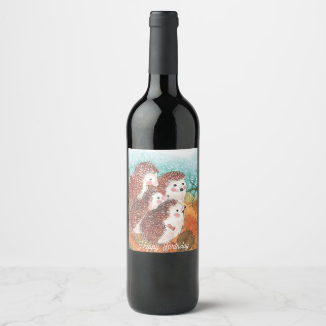 Étiquette Pour Bouteilles De Vin Jeunes hérissons Joyeux anniversaire (Devant)