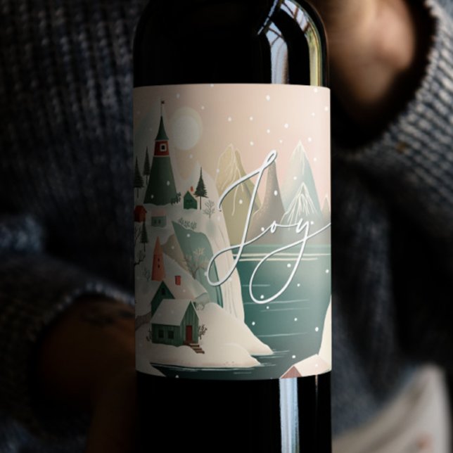 Étiquette Pour Bouteilles De Vin Joie. Paysage de village de montagne d'hiver (Créateur téléchargé)