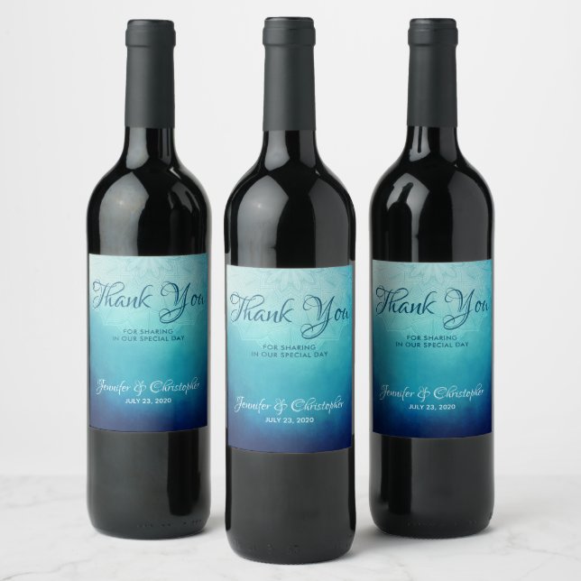 Étiquette Pour Bouteilles De Vin Joli Mariage Abstrait Mandala bleu (Bouteilles)