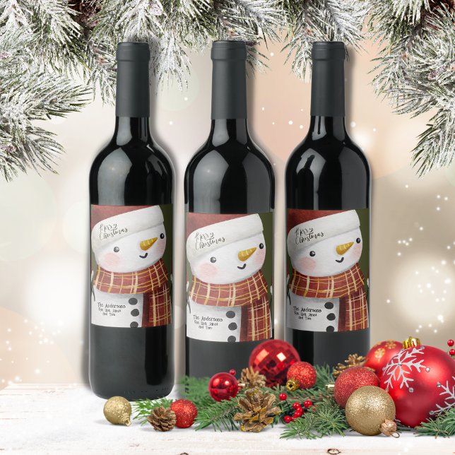 Étiquette Pour Bouteilles De Vin Joli Snowman Snowflakes Joyeux Noël (Créateur téléchargé)