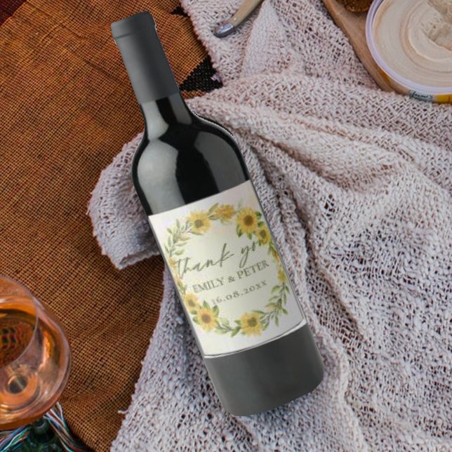 Étiquette Pour Bouteilles De Vin Joli Tournesol Jaune Floral Mariage Merci (Cute Yellow Sunflower Floral Wedding Thank You Wine Label)