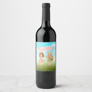 Étiquette Pour Bouteilles De Vin Jolies filles lapins de Pâques d'anime
