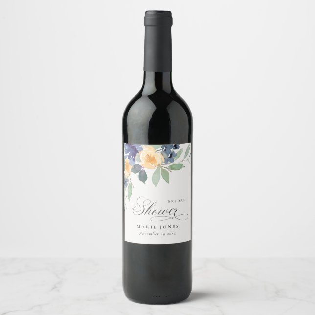 Étiquette Pour Bouteilles De Vin Joyeuse Fête de Mariage Champêtre Jaune Bleu Flora (Devant)