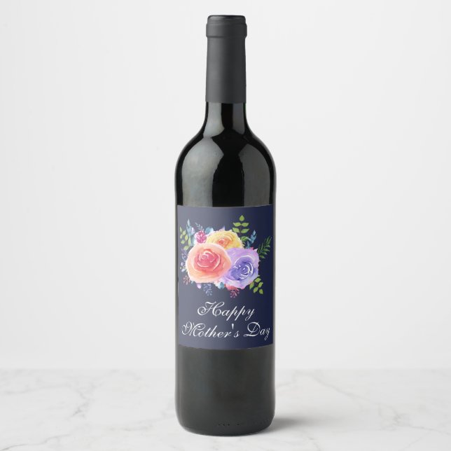 Étiquette Pour Bouteilles De Vin Joyeuse fête des mères Bouquet Rose d'aquarelle (Devant)