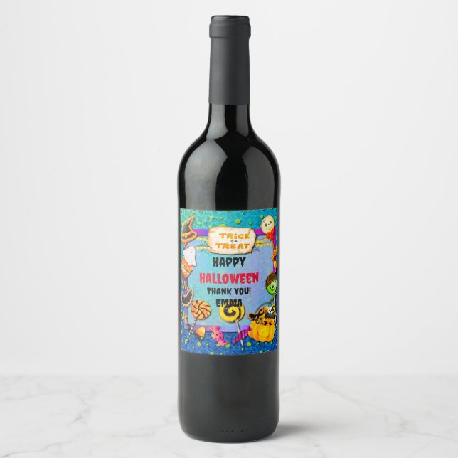 Étiquette Pour Bouteilles De Vin Joyeuse fête d'Halloween remplie de l'astuce (Devant)