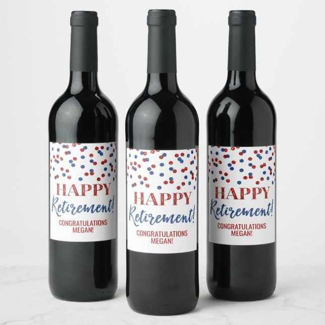 Étiquette Pour Bouteilles De Vin Joyeuse retraite confettis bleu rouge (Bouteilles)