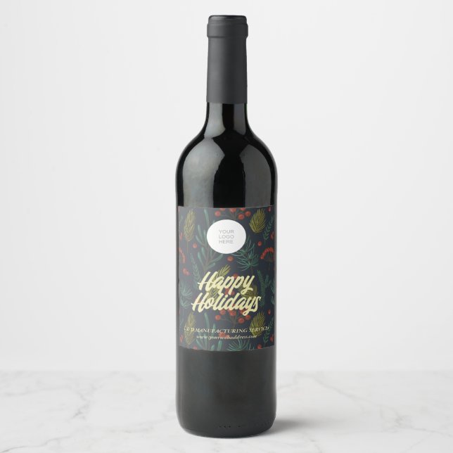Étiquette Pour Bouteilles De Vin Joyeuses Fêtes Botanique d'hiver Entreprise  (Devant)