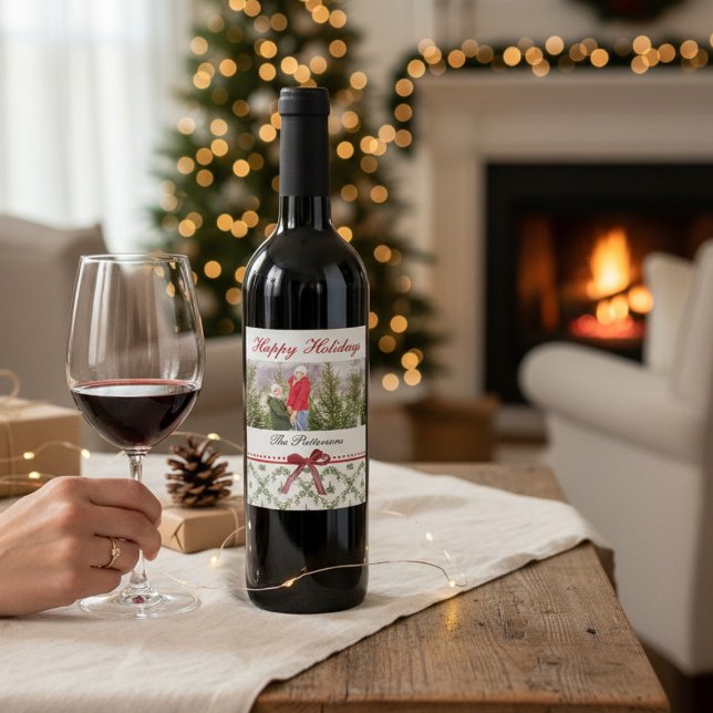 Étiquette Pour Bouteilles De Vin Joyeuses vacances Mistletoe Red Bow Family Photo (Créateur téléchargé)