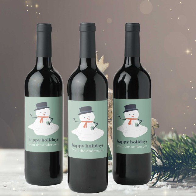 Étiquette Pour Bouteilles De Vin Joyeuses vacances Noël Melting Snowman mignonne (Créateur téléchargé)