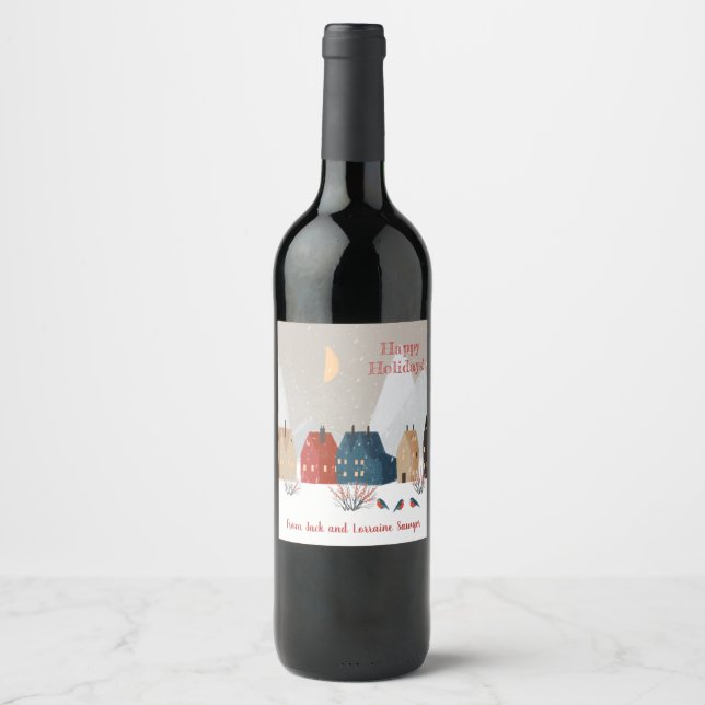 Étiquette Pour Bouteilles De Vin Joyeuses vacances Pays Village Primitif Hiver (Devant)